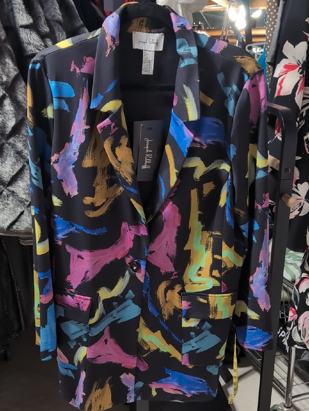 Joseph Ribkoff Black Blazer with Multicolor Brushstroke Print